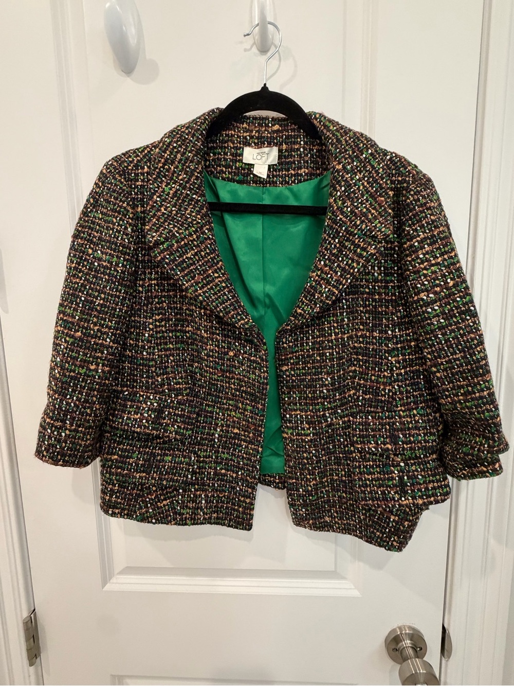 LOFT Multicolor Tweed Cropped Blazer with Green Lining
